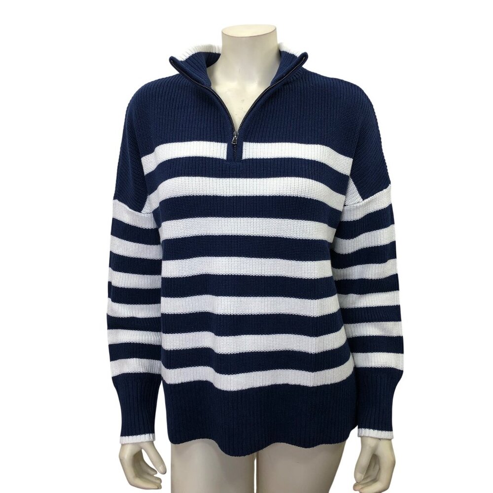 Lands' End Women's Quarter Zip Cotton Navy/White Sweater Lg NWT